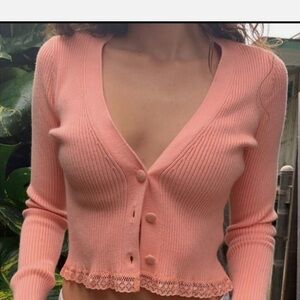 For Love & Lemons small Peach Ribbed V-Neck Button Cardigan